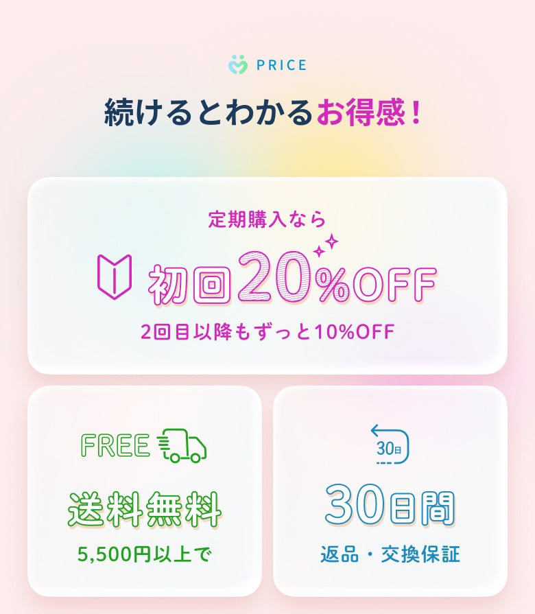 PRICE 続けるとわかるお得感！ 定期購入なら初回20%OFF 2回目以降もずっと10%OFF 5,500円以上で送料無料 30日間返品・交換保証